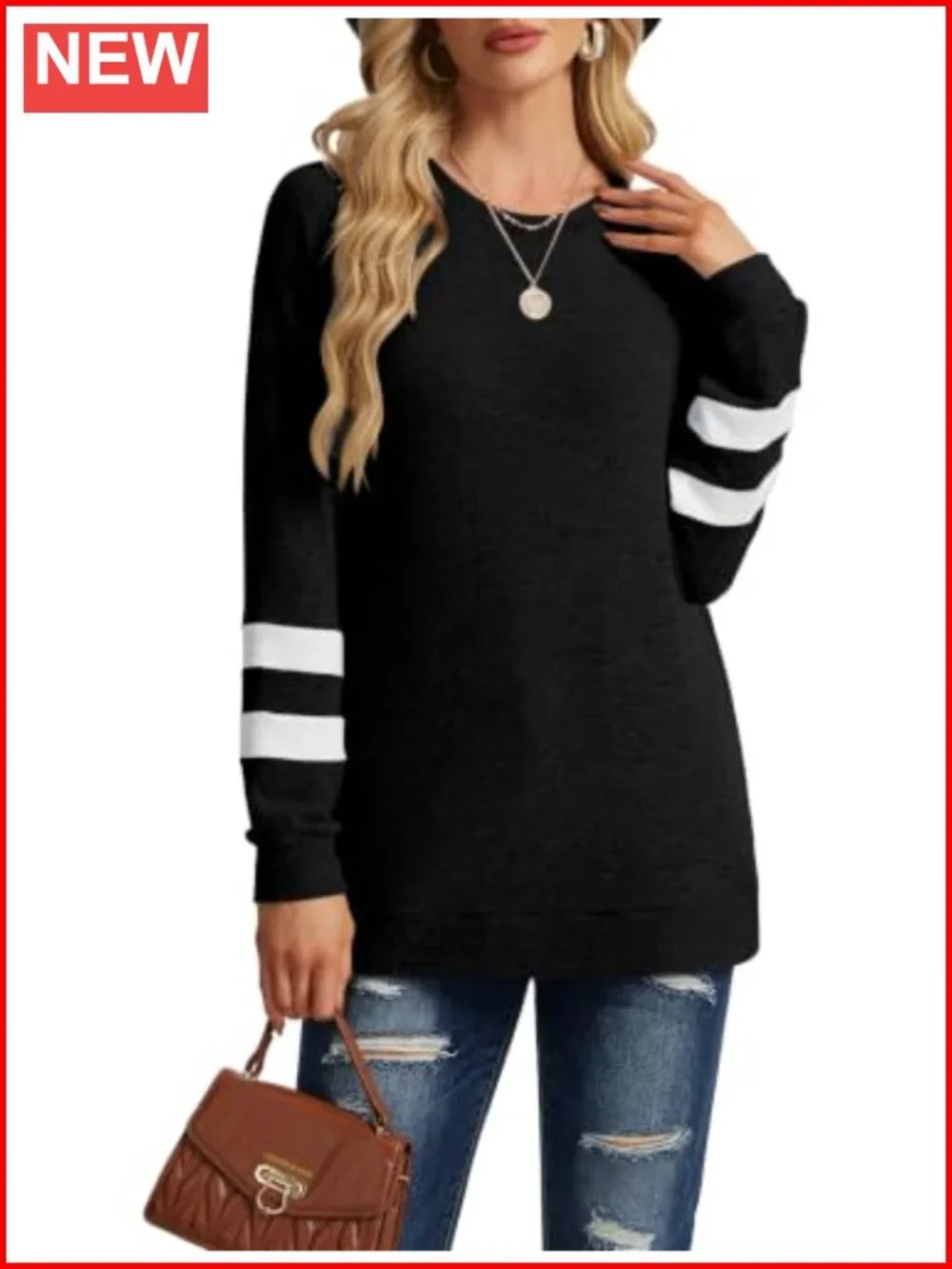 Crewneck Color Block Tunic Sweatshirt Loose Fit Long Sleeve Pullover